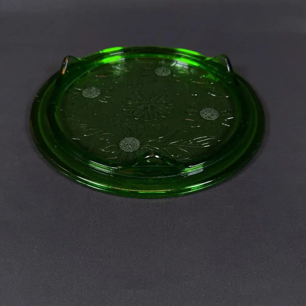 Depression Uranium Glass Flower 10'' Green Cake stand Plate vintage